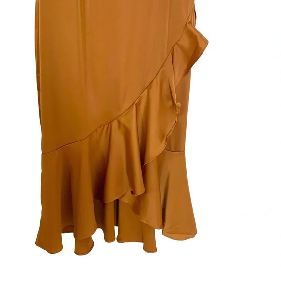 AmyLynn Amoura Ruffle Midi Satin Wedding Guest Dress Tan Size S NWT - Picture 6 of 10